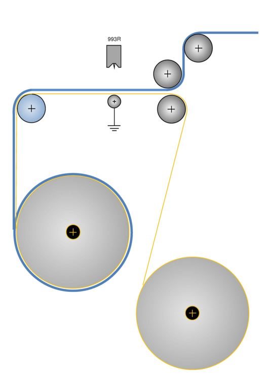 Diagram showing electrostatic pinning of protective laminate onto a moving web